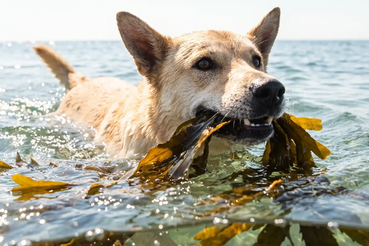 Ash swimming in the ocean carrying natural Ascophyllum nodosum seaweed in his mouth